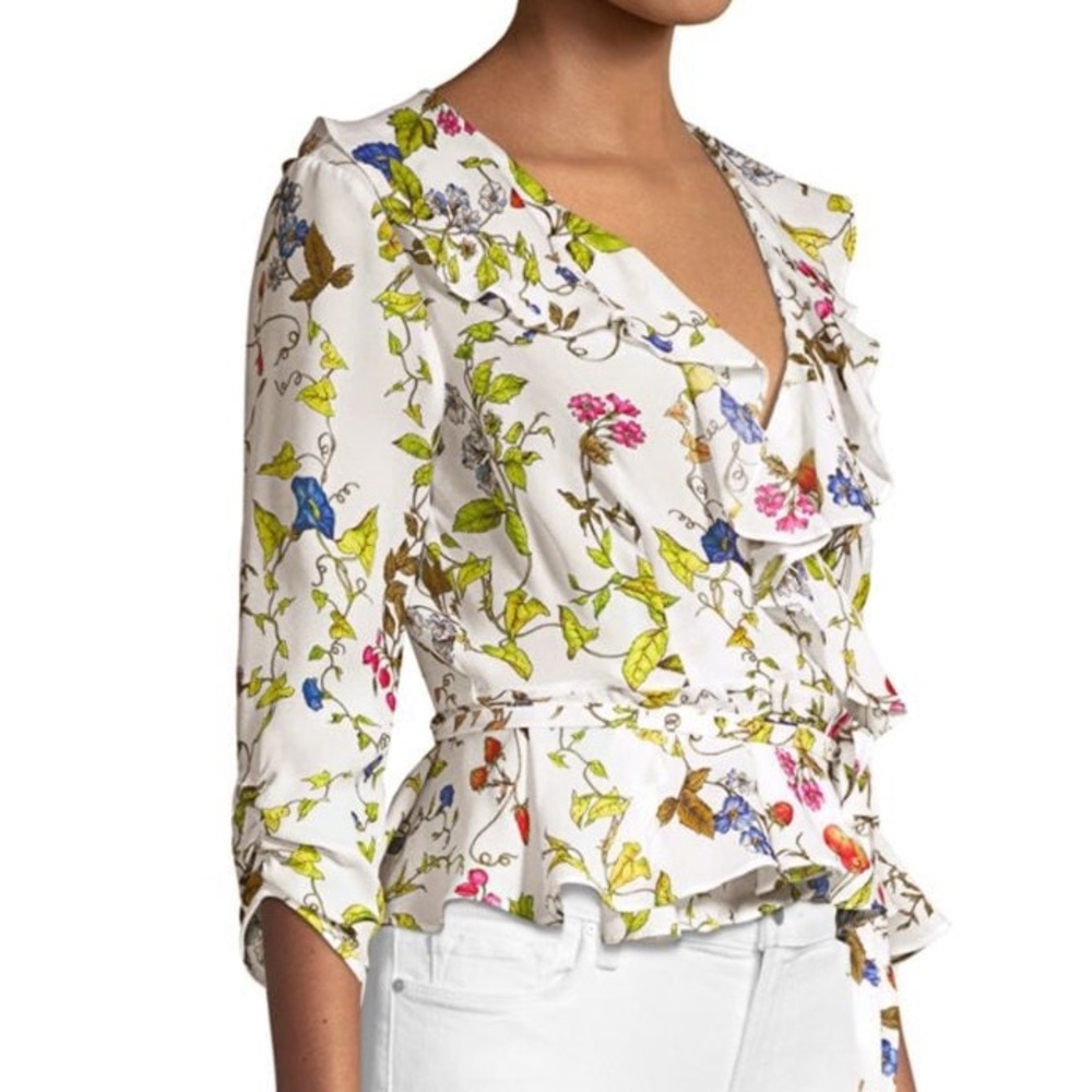 Milly Floral Silk Ruffle Wrap Top